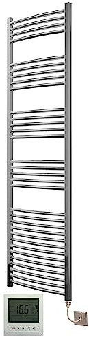Greened House Electric Chrome 500W x 1800H Curved Towel Rail + Timer and Room Thermostat Bathroom Towel Rails