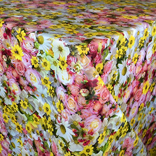 KEVKUS Wachstuch Tischdecke Meterware E190 Rosen Margeriten Blumen Sommer Garten wählbar in eckig rund oval (Rand: Schnittkante (ohne Einfassung), 120 x 180 cm eckig)