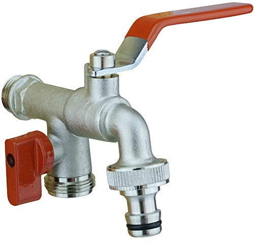 Doppel-Auslaufhahn Wandanschluss 1/2 Auslauf 3/4 inkl. Schlauchanschlüss Steckkupplung auf 1/2 Messing (Off. rechts)