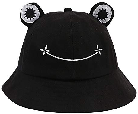 VVIA Damen Netter grüner Frosch-Eimer-Hut, Sommer-Baumwoll-Eimer-Sonnenhut für Erwachsene Frauen breiter Rand Frosch-Angler Frosch-Hut,Mädchen Eimer Sonnenhut Fischer Mütze (Schwarz, 56-58cm)