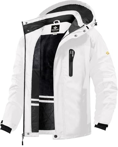 GEMYSE Homme Veste de Ski Imperméable de Montagne Manteau d'hiver Extérieur en Polaire Coupe-Vent avec Capuche (Blanc 08,S)