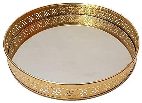 Huge Basket AM148 - Metal Laser Cut Round Platter/Decorative Tray/Gift Tray with Glass Base (Golden)