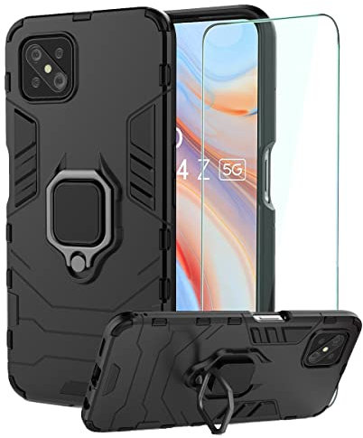 GKK DESCHE Compatible para Funda OPPO Reno 4 Z, Fundas Resistentey Duradero con Anillo + Cristal Templado, Carcasa Antigolpes Silicona TPU Bumper Case para OPPO Reno 4 Z - Negro