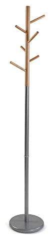 Versa Malmö Minimalistischer Garderobenständer für den Eingangsbereich, mit 6 Haken oder Kleiderbügeln für Kleidung oder Taschen, Maßnahmen (H x L x B) 171 x 28 x 28 cm, Metall und Holz, Farbe: Grau