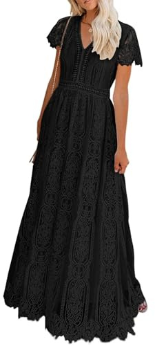 MEROKEETY - Robe Longue pour Femme avec col en V et Manches Courtes en Dentelle Florale - Mariage - Demoiselle d’Honneur - Cocktails, Noir, Taille XL