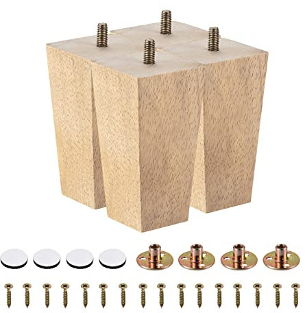 sourcing map Furniture Legs, 4 Inch(100mm) Set of 4 Square Solid Wood Couch Legs Chair Table Feet Sofa Support Replacement Parts, with Accessories, Light Brown