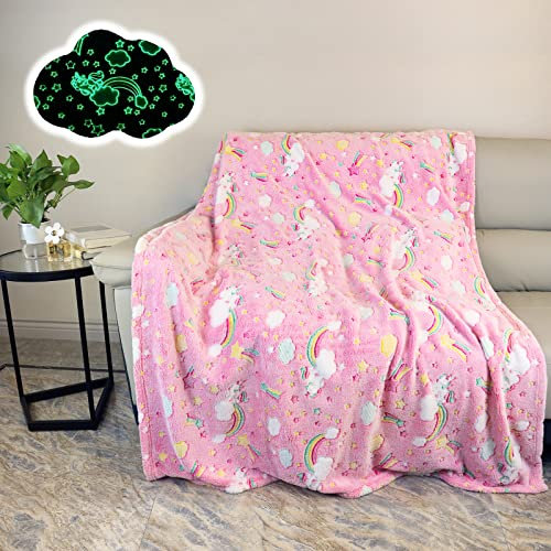 Kuscheldecke Kinder Mädchen Karikatu Einhorn Decke Leuchtet im Dunkeln,Kuscheldecke mit Regenbogen Einhorn Muster,Weiche Sofa Flanelldecken Geschenkideen für Kinder Mädchen (Einhorn B, 150x200cm)