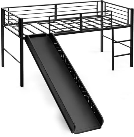 LIFEZEAL Hochbett 90 x 200 cm, Etagenbett mit Rutsche & Leiter, Metallbett mit Lattenrost & Sicherheitsgittern, Platzsparendes Kinderbett Jugendbett für Schlafzimmer & Kinderzimmer(Schwarz)