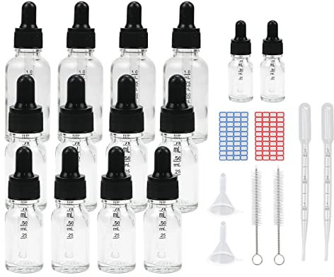 12 Stück Pipettenflasche,Tropfflasche Transparente Glasflaschen Set inkl. 5ml mit schwarzer Pipettenkappe und Hilfszubehör für Ätherische Öle Parfüm DIY-Probenmischungen (Transparent, 10+20+30ml)