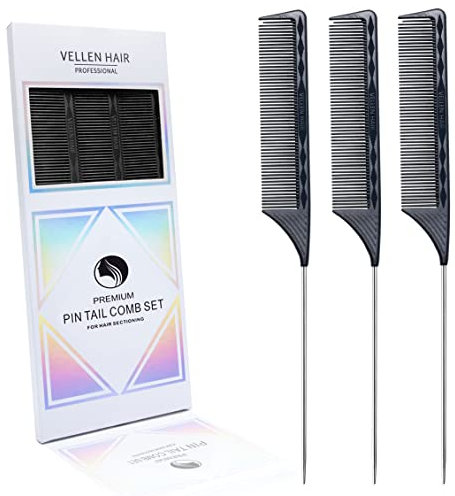 Vellen Hair Professionelle 22,9 cm Nadelstielkämme für Haarstylisten, Hitzebeständiges und Antistatisches PEI Material, Nadelstielkamm mit langem Edelstahl zum Scheiteln – 3 Stück (Schwarz)
