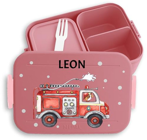 Kinder Bento Box Midi für Mepal Bentobox - Lunchbox Feuerwehrauto Brotbox Feuerwehr I 112 I Löschfahrzeug - 900 ml - Rosa - personalisierte geschenke kind brotdose krippe junge feuerwehrmann name