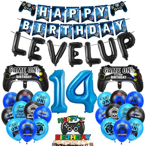14. Geburtstag Ballon Set Gamer Geburtstags Deko Videospiel Luftballons Zahl 14 Folienballon Happy Birthday Banner 14 Jahre Jungen Spiel Ballons Tortendeko für Kinder Game Thema Party Dekoration