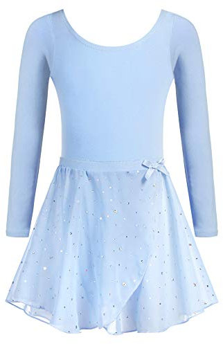 Arshiner Kinder Ballettkleidung Tütü Ballettkleid Mädchen Baumwolle Balletttrikot Langarm Ballettanzug Tanzbody mit Rock Blau 150