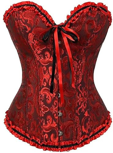 Springcmy Women Plus Size Corset Tops Boned Overbust Bustier Shapewear Lingerie Floral Lace Up Ruffle Trim Waist Push Up Bodysuit (A-Black Red, XXXXXL)