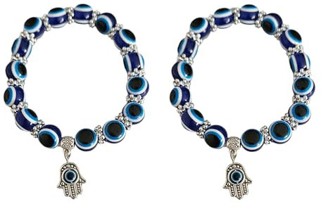 MYSTIC JEWELS - Elastisches Armband zum Schutz vor bösen Augen, 2 Stück, elastisch, Glücksbringer Hamsa (Hand der Fatima); Blue Eye Bead Bracelets, Unisex Lucky Bracelet, Acryl