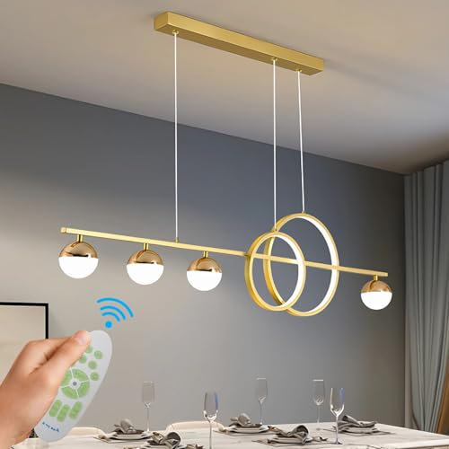 WHLL LED Pendelleuchte Esstisch Höhenverstellbar Moderne Hängelampe Esstisch Dimmbar Esszimmerlampe Hängend Rund Esstischlampe Hängend Esszimmer Lampe mit Fernbedienung Gold 120CM [Energieklasse E]