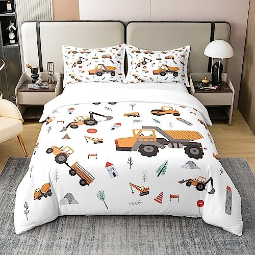 Loussiesd Bagger 100% Baumwolle Bettwäsche Set 220x240cm Baufahrzeuge Bettbezug Set für Kinder Erwachsene Cartoon Auto Betten Set Traktor Weiß Raum Dekor