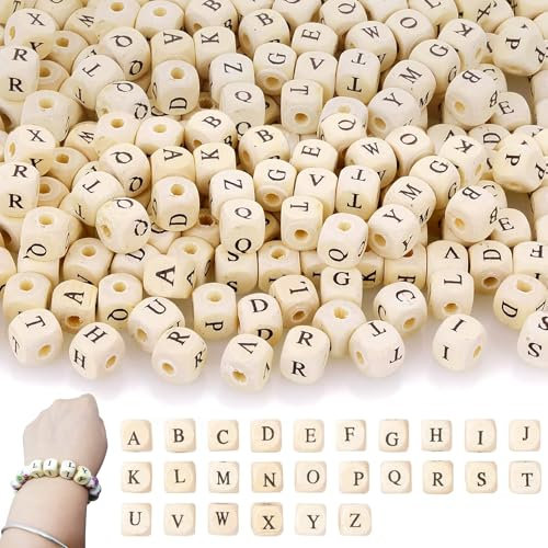 400 Stück Buchstaben Perlen Holz, 10MM Quadratische Holz mit Buchstaben, Hölzerne Buchstabenperlen, Holzbuchstaben Perlen, zu DIY SchmuckArmbänder/Halsketten/Schlüsselanhänger