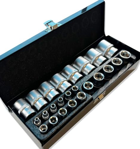 Autojack 24 Piece 1/2 and 1/4 Square Drive Socket Set, Chrome Vanadium Steel 6 Point Sockets Include Metal Storage Case
