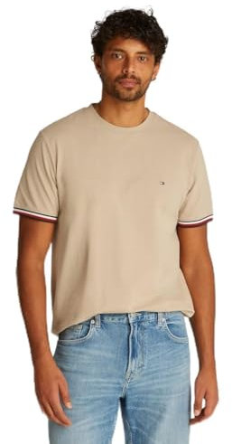Tommy Hilfiger Herren Global Stripe Cuff Tee Mw0Mw38630 S/S T-Shirt, Khaki (Sandalwood), L