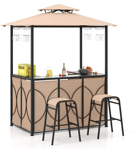 GOPLUS Grillpavillon, Grill Pavillon Doppeldach mit gehärtetem Glas Bartisch, 2 Barhockern, Glashaltern, 2 Ablagen, Grillüberdachung Grillunterstand wetterfest für Outdoor Garten Hof Pool (Braun)