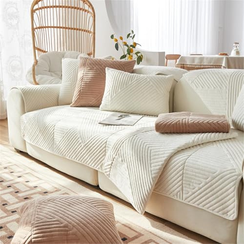 FASCINATDECO Sofa Überzug, Samt Sofabezug 1/2/3/4 Sitzer, Sofaschoner rutschfest, Couch überzug L Form Sofaüberwurfe, Sofa Sitzkissenbezug, Waschbar Couchbezug (Beige,90x210cm)