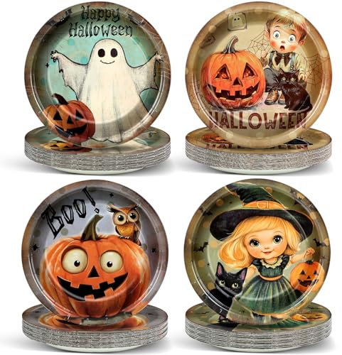CHUNNIN 48pcs Vintage Halloween Party Paper Plates for Trick or Treat Halloween Themed Party Supplies 7 Retro Ghost Haunt Pumpkin Dessert Disposable Plates for Kids Birthday Decorations