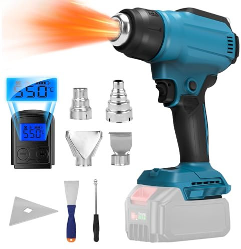 Akku Heißluftpistole kompatibel mit Makita 18V Akku, Akku Heißluftfön mit 2 Geschwindigkeiten, Temperatur- und Batterieanzeige, 4 Düsen und Spachtel zum Abbeizen, Biegen von Rohren (ohne Akku)