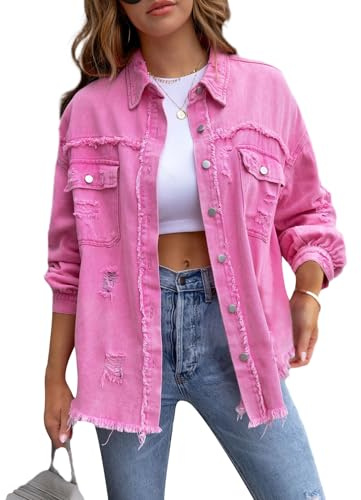 LYSINK Women Ripped Distressed Denim Jacket Long Sleeve Solid Color Button Down Boyfriend Jean Jacket for Spring Autumn