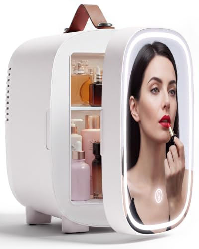 FANSEXPERT - Mini Refrigerator for Bedroom, 4 Liter/6 Cans Skin Care with LED Mirror, 12V AC/DC Fridge and Warmer Portable Small Fridge for Drinks, Makeup