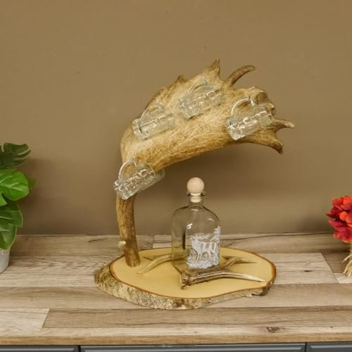 GTK - Geweihe & Trophäen KRUMHOLZ Schnaps Anbieter Birkeschild Schnapsbrett Damhirsch 8 Stück Krügel + Karaffe mit Hirsch 27.7.6.21