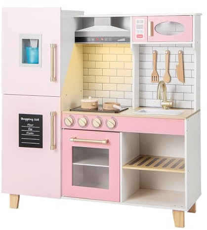 HOMASIS Spielküche mit 10 Zubehör, Kinderküche mit Tafel Spüle Herd Dunstabzugshaube Ofen Mikrowelle Grill Eismaschine, Spielzeugküche mit Licht & Sound, Holzküche für Kinder ab 3 Jahre, Rosa