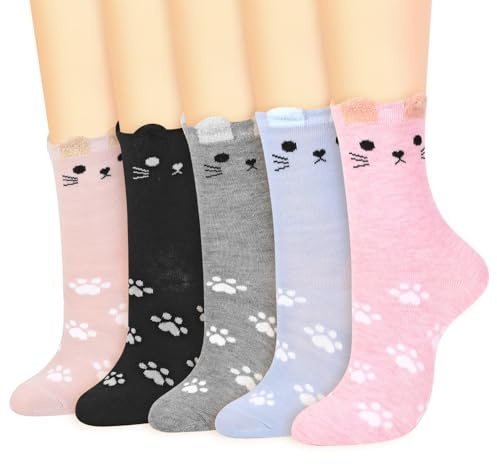 Vinsani 5 Pairs Cute Animal Print Socks Fun Colorful Cotton Socks | One Size Fits All Soft Breathable Comfortable Everyday School Casual Wear Size 4-7 Over-ankle