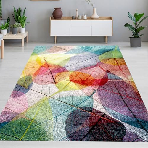 CARPETIA Teppich Wohnzimmerteppich Schlafzimmer Arbeitszimmer Essbereich leicht zu pflegen robust weich farbreich mit Blättermuster Mehrfarbig, 120 x 170 cm