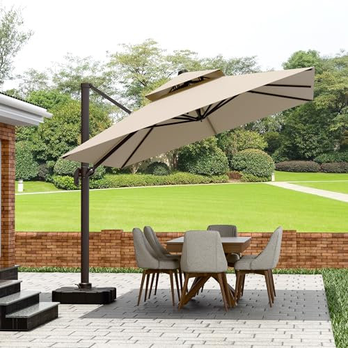 MURBONE Sonnenschirm 270 x 365 cm,Kurbel Doppeldach Quadratisch Gartenschirm,Groß Ampelschirm mit 360° Drehbar,Fußpedal und Kreuzsockel für Terrasse,Pool,Balkon Sonnenschutz, Beige