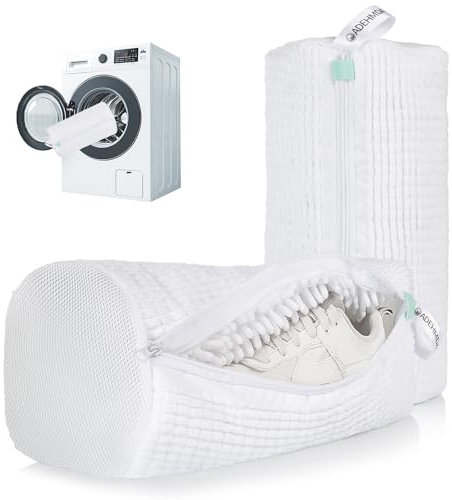 ADEHMDA Shoe Washing Machine Bag, Trainer Washing Machine Bag with Zipper, Laundry Shoe Bag for Washer & Dryer, Elongated Thicken Microfiber Fluff and Suitable for Multiple Shoe Types (2 pcs, White)