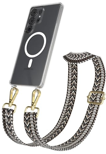 EAZY CASE Handykette - Verstellbares Taschenband kompatibel mit Galaxy S25 Ultra, Schulterriemen, Handykordel mit Silikon Hülle, Qi Charging kompatibel, Umhängetasche, Grau Schwarz Gold