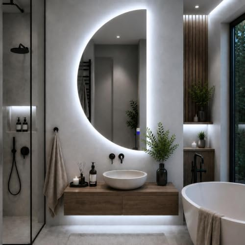 reyze Halbrunder rechts LED Badspiegel 100x200 cm - Touch, Dimmbar, Antibeschlag, IP67, Kaltweiß (6000K), LED-Spiegel fürs Bad - Modell Ambient 1