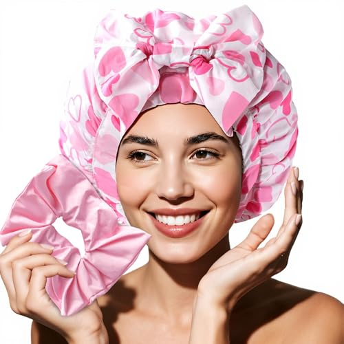 Years calm Large Satin-Lined Shower Cap for Women with Detachable Bow | Waterproof Double Layer Bath Cap,Wide Elastic Edge Help Cover Long, Curly, or Braided ,Keeps Hair Dry for shower Spa Travel