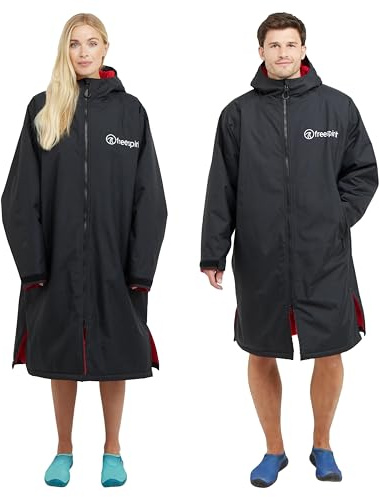 FREESPIRIT Unisex Aquarobe Pro Waterproof Jacket with Hood, Fleece Lining & 2 Zipped Pockets for Adults, Oversized Changing & Dry Robe for Men & Women (UK, Alpha, S, M, Regular, Regular, Black)