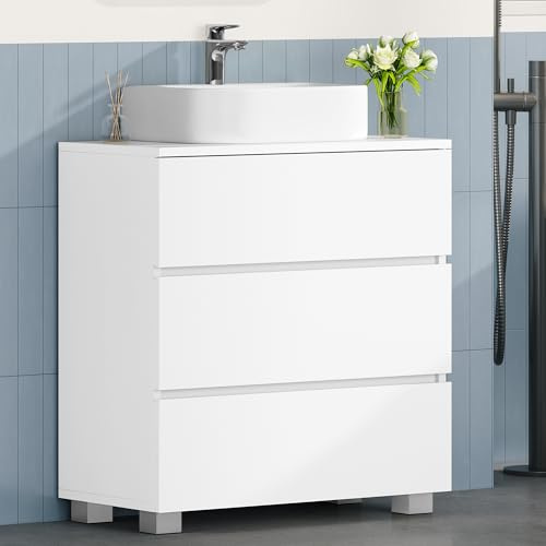 HEXCELEN Waschbeckenunterschrank Badezimmerschrank mit 3 Große Schubladen | Unterschranke Furs Bad, Badezimmer-Unterschrank mit Füßen, Waschtischunterschrank Freistehend 30 x 60 x 63 cm Weiß