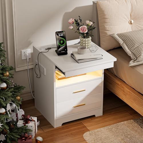 Bedside Table with Charging Station, RGB LED Light Bedside Cabinet with Lock and Sliding Top, APP Control Large Capacity Bedroom Nightstand with 2 High Gloss Drawers and Side Socket, White 45cm Width