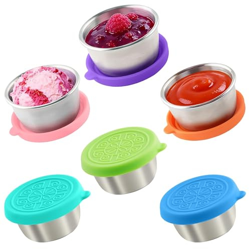 6 Pack Stainless Steel Sauce Pots with Silicone Lids - 1.6 oz (45 ml) | Condiment Pot, Leakproof Reusable Salad Dressing Containers for Lunch Boxes, Travel, Meal Prep, Kitchen Storage