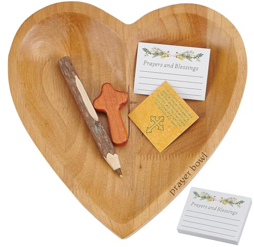 BEUNITONE Handcrafted Wooden Heart Bowl, Prayer Decor Set with Cross, Cards and Pen | Decorative Wooden Prayer Bowl for Christian Home Decor, Mantel, Table Centerpiece