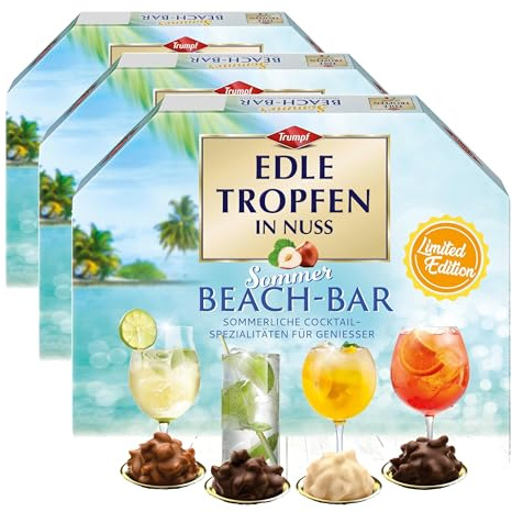 Edle Tropfen in Nuss Beach Bar 200g, flüssig gefüllte Schokoladenpralinen mit Milchschokoladen-Überzug und knackigen Haselnuss-Splittern (Packung mit 3)