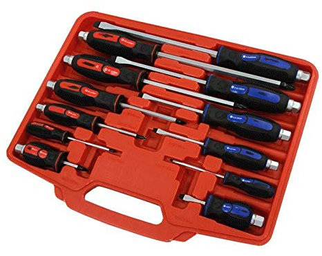 Dapetz ® 12 Pc Mechanics Pound Thru Screwdriver Garage Tool Set Flat & Pozi Tactile Rubber Grip - Chrome Vanadium Can be used in conjunction with a spanner or socket