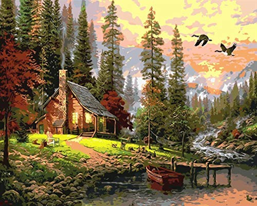 YEESAM ART Neuerscheinungen Malen nach Zahlen für Erwachsene Kinder - Ruhig Kabine Schloss im das Wald 16 * 20 Zoll Leinen Segeltuch - DIY ölgemälde ölfarben Weihnachten Geschenke