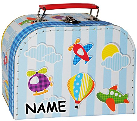 alles-meine.de GmbH 1 Stück Koffer/Kinderkoffer - KLEIN - Flugzeuge - Helikopter - Heißluftballon - incl. Name - 20 cm - Pappkoffer - Puppenkoffer - Kinder - Pappe Karton..