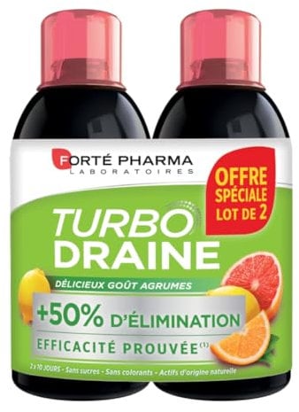 Forté Pharma - TurboDraine Agrumes | Complément Alimentaire à base de thé vert - Elimination et drainage | Lot de 2 x 500 ml