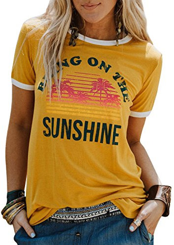 Dresswel Damen Bring On The Sunshine T Shirt Kurzarm Rundhals Regenbogen Top T-Shirt Sommer Oberteile Oben, Gelb, M